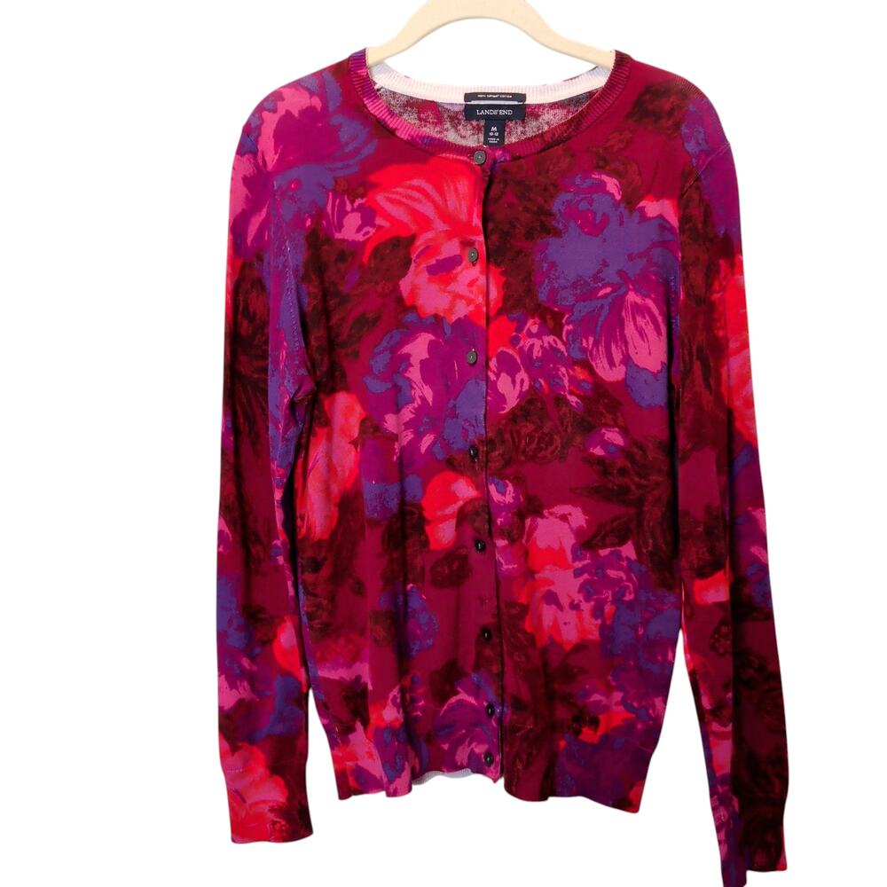 Lands End Sz M (10-12) Pink Purple 100% Supima Cotton Button Up Cardigan Sweater